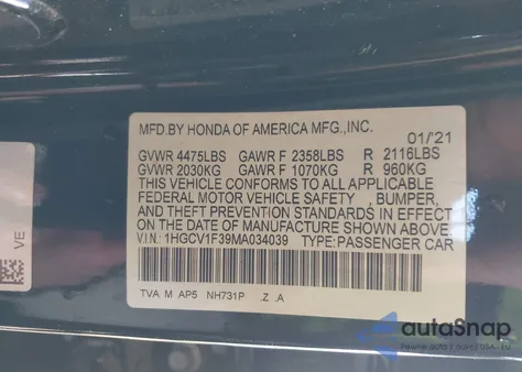 2021 Honda Accord Sport z USA, uszkodzony, nr VIN 1HGCV1F39MA034039